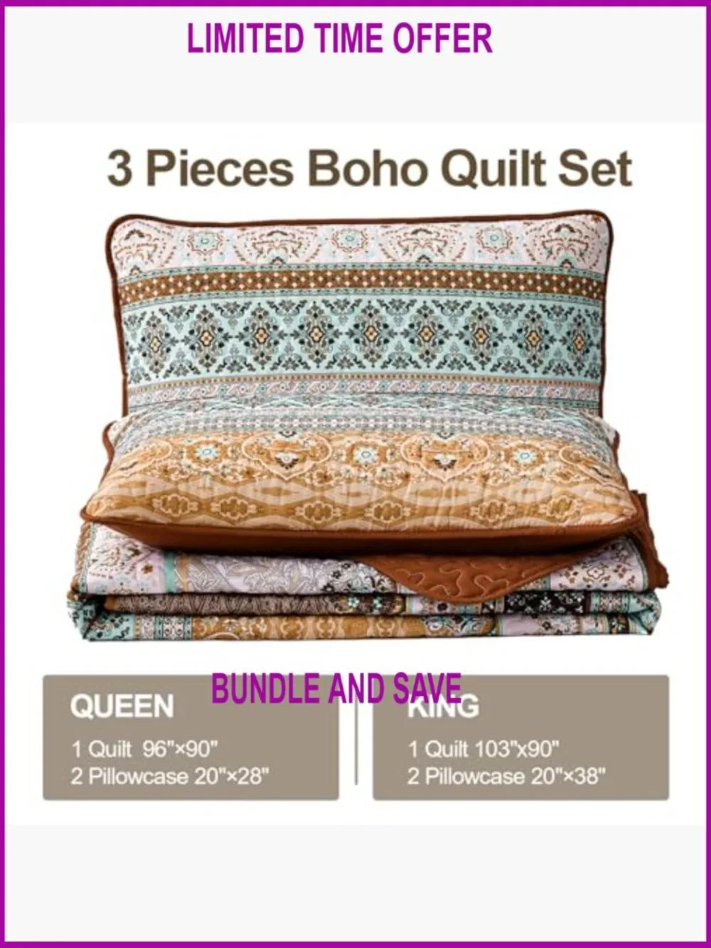 Queen Size Quilt Set, Lightweight Microfiber, Bohemian Pattern, All Season - Picture 6 of 7
